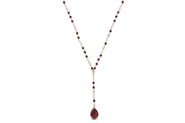 RUBY, PINK TOPAZ, RED AGATE & PEARL NECKLACE