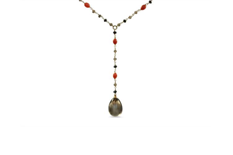 SMOKY QUARTZ, CORAL & BLACK ONYX BEADED NECKLACE