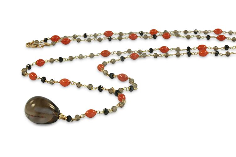 SMOKY QUARTZ, CORAL & BLACK ONYX BEADED NECKLACE - 0