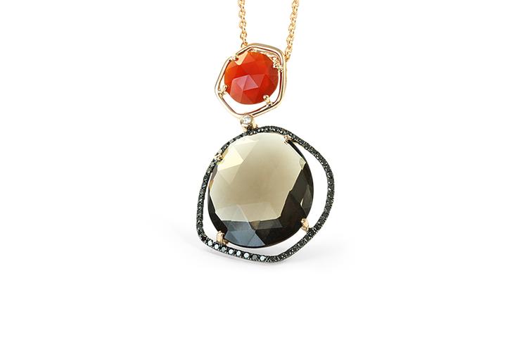 SMOKY QUARTZ, RED AGATE & BLACK DIAMOND PENDANT